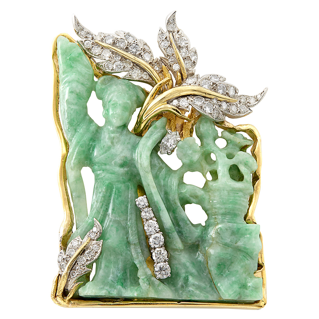 Appraisal: Two-Color Gold Carved Jade and Diamond Clip-Brooch Jade ap x