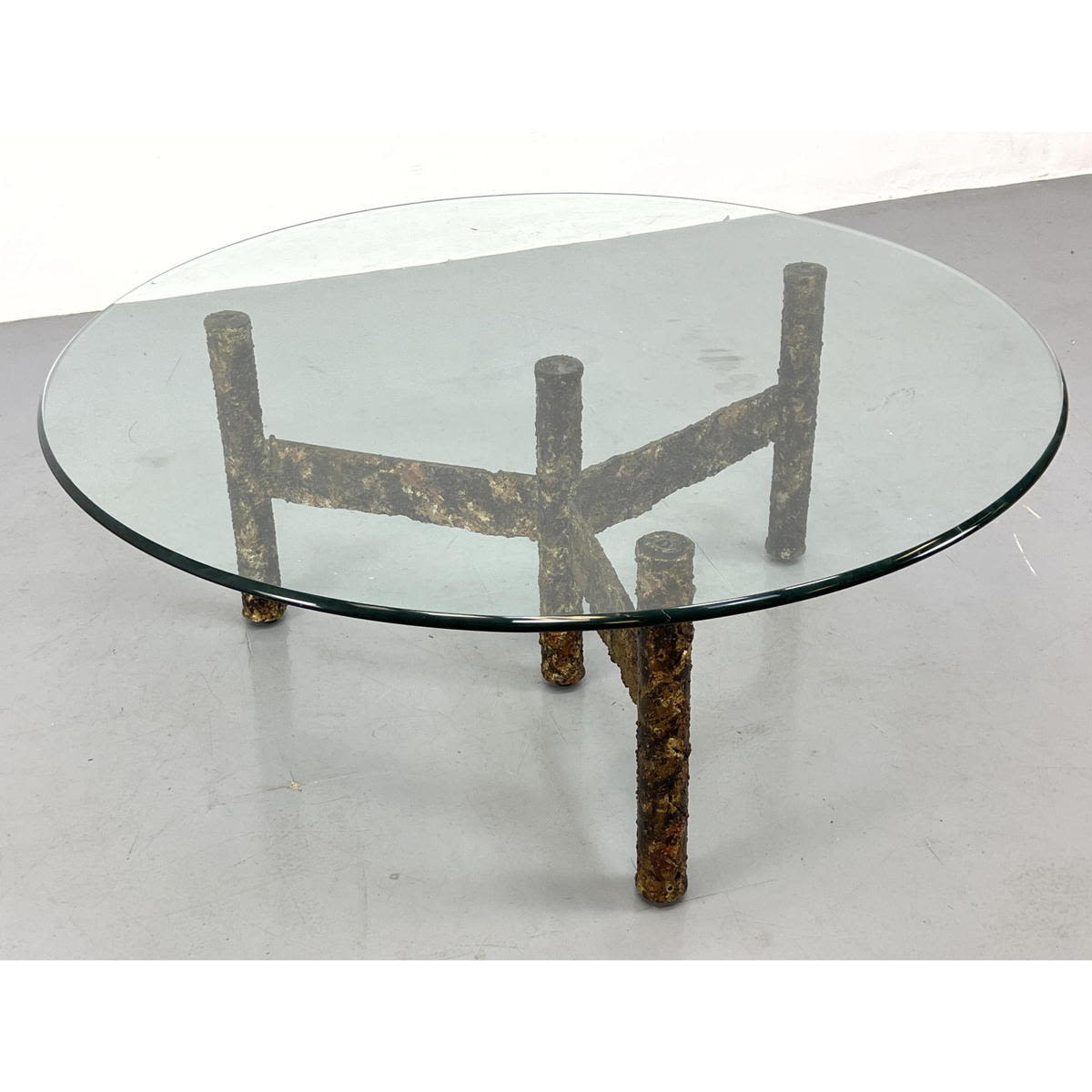 Appraisal: SILAS SEANDEL brutalist round coffee table Round Glass Top Unsigned