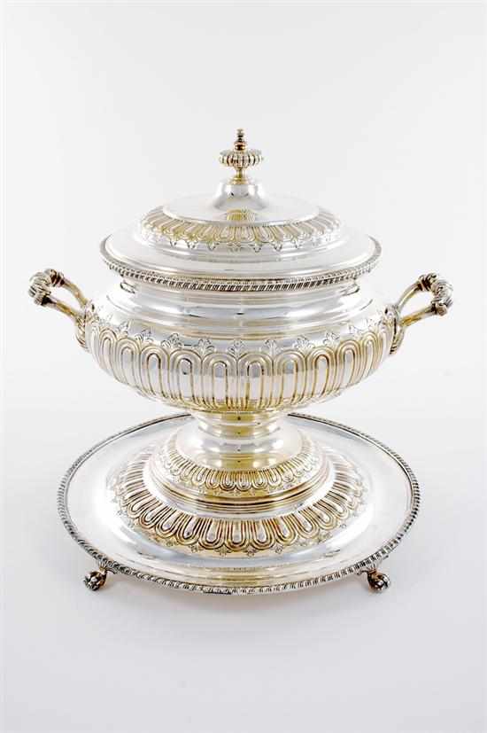 Appraisal: English silverplate tureen on stand round covered tureen flanked by