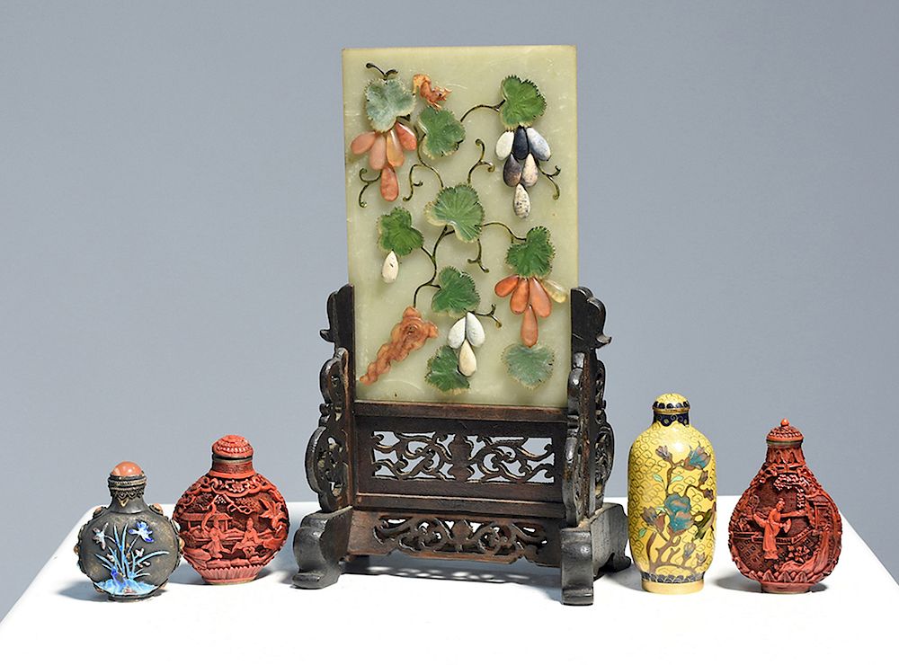 Appraisal: Chinese hardstone table screen and four snuff bottles Chinese hardstone