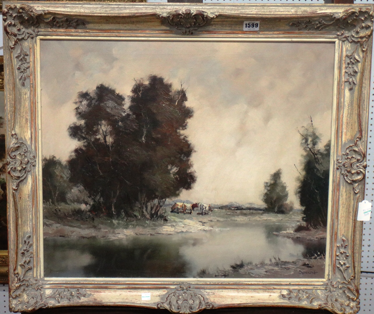 Appraisal: Specht th century Cattle grazing in a river landscape oil