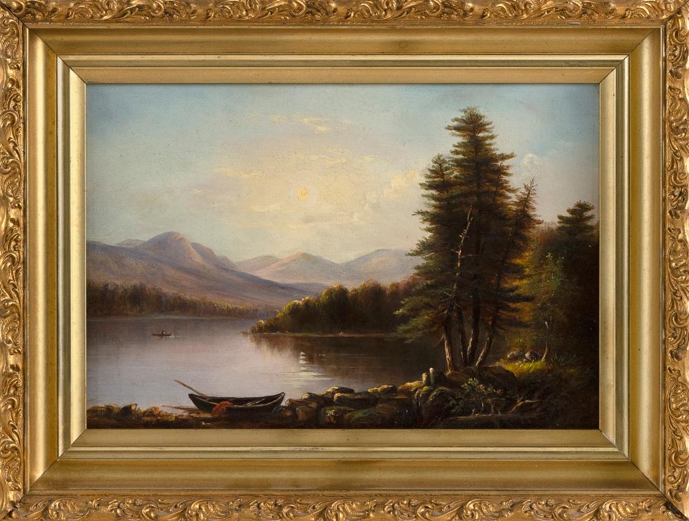 Appraisal: AMERICAN SCHOOL TH CENTURY ROWBOAT BEACHED ON A MOUNTAIN LAKE