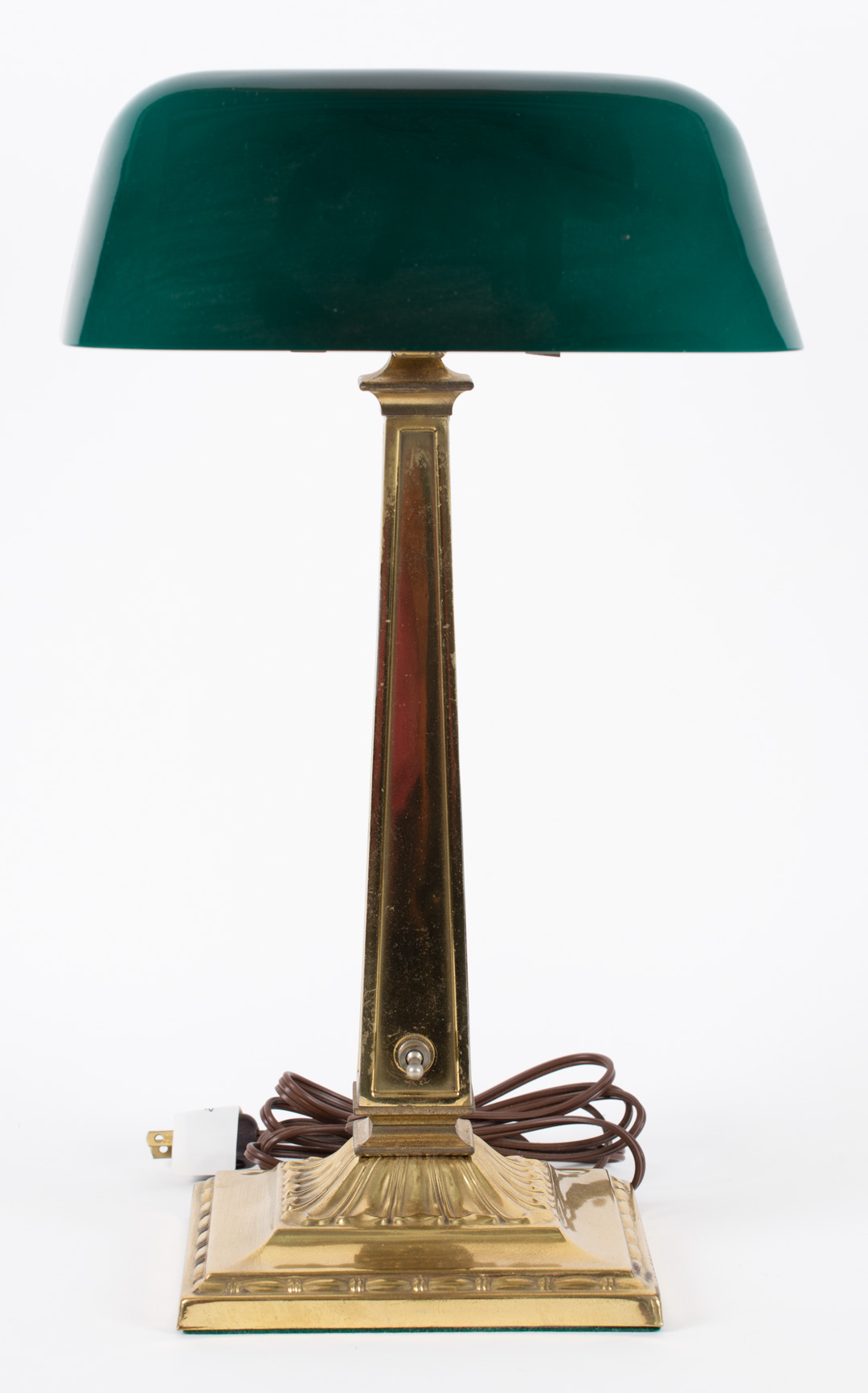 Appraisal: circa s brass base with cased emerald glass shade in