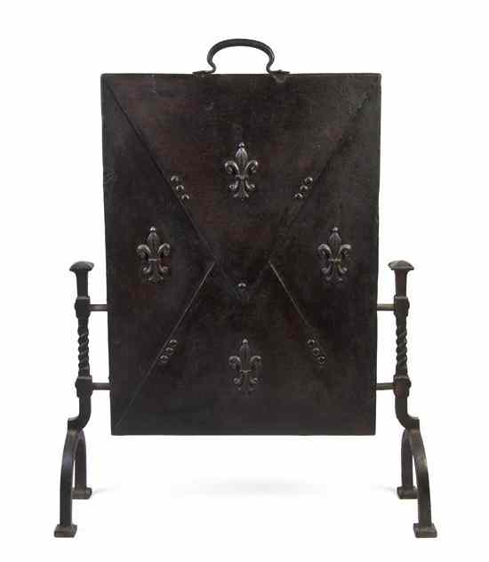 Appraisal: A French Iron Firescreen of handled rectangular form with fleur-de-lis