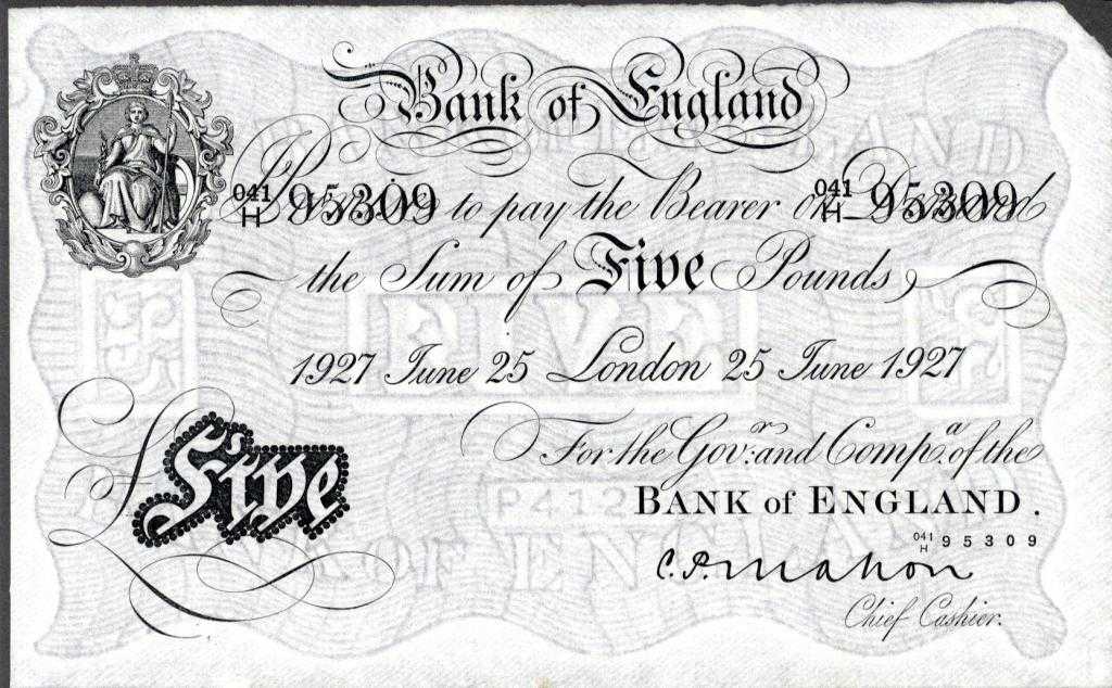 Appraisal: BANK OF ENGLAND C P MAHON WHITE FIVE POUNDS JUNE