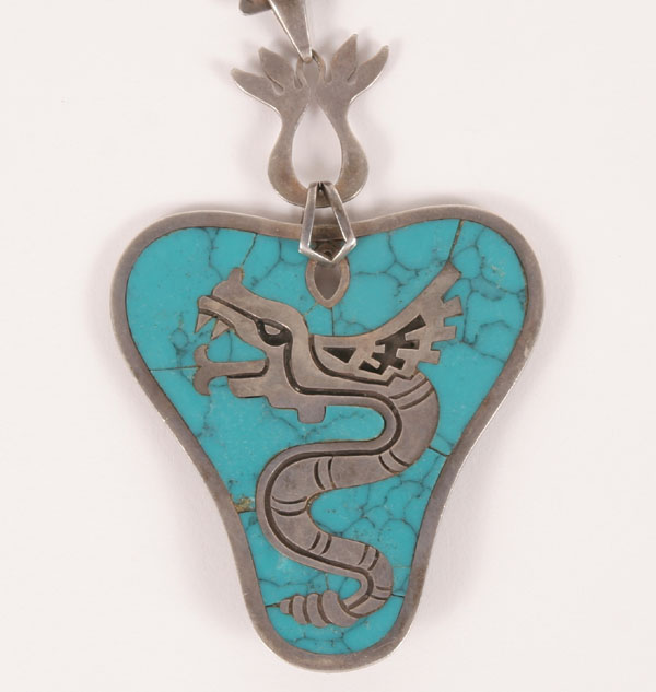 Appraisal: Miguel Taxco Sterling with turquoise inlay double sided pendant necklace