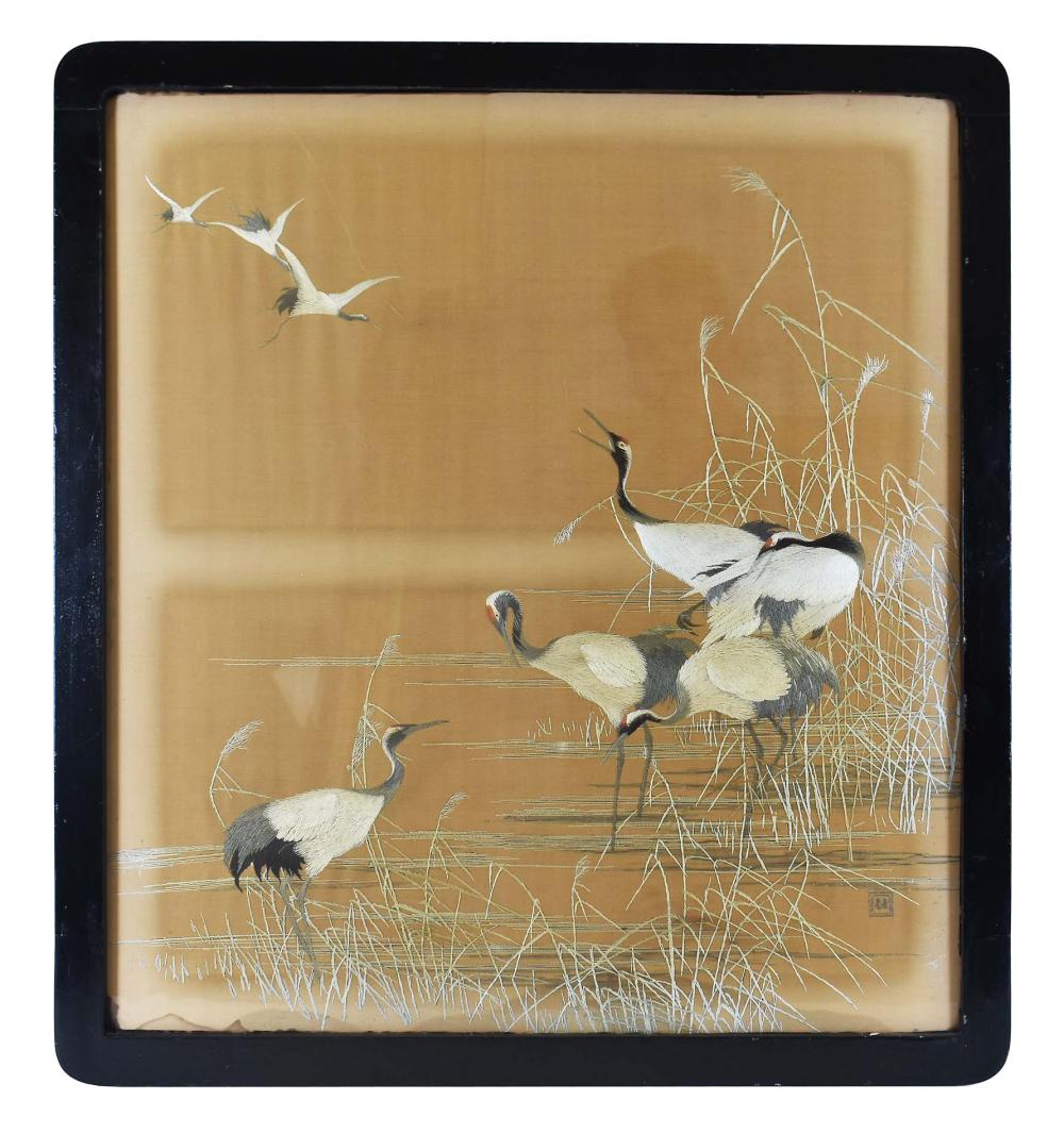 Appraisal: JAPANESE SILK EMBROIDERFYFirst half th Century Depicting Sandhill Cranes in