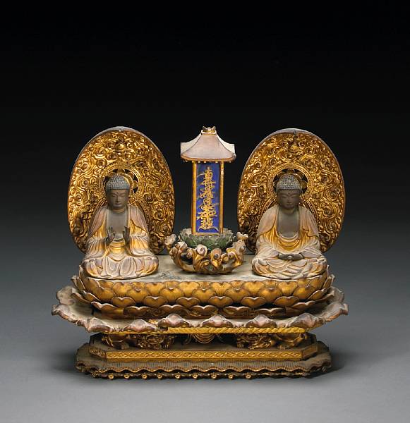 Appraisal: A gilt lacquered wood votive ensemble Meiji Period A sculptural