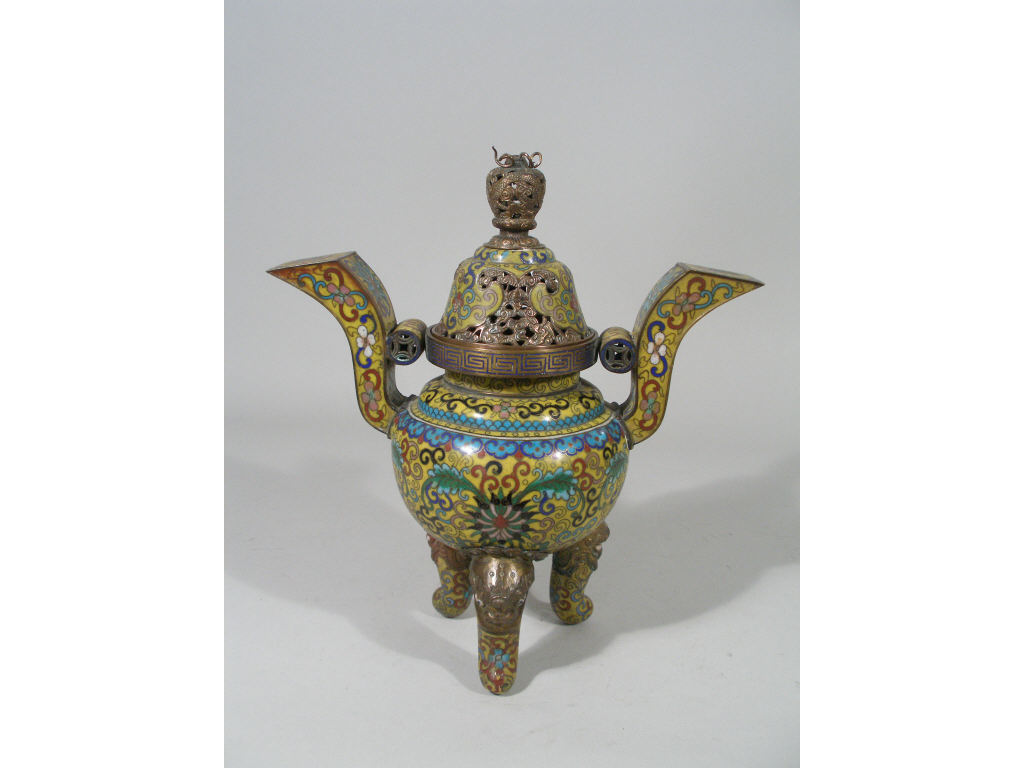 Appraisal: Chinese Cloisonne Censor th c Chinese tripod incense burner of