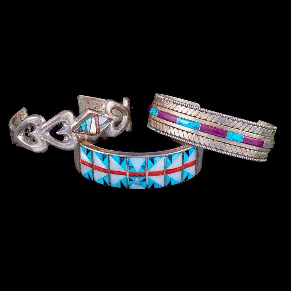 Appraisal: NAVAJO CUFF BRACELETS Three old pawn turquoise and silver cuff