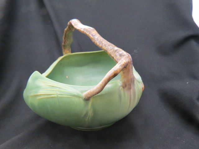 Appraisal: Roseville Pottery Pinecone Basket green tall across excellent