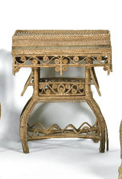 Appraisal: FANCY WICKER TWO-PART SIDE TABLE Height inches top x inches