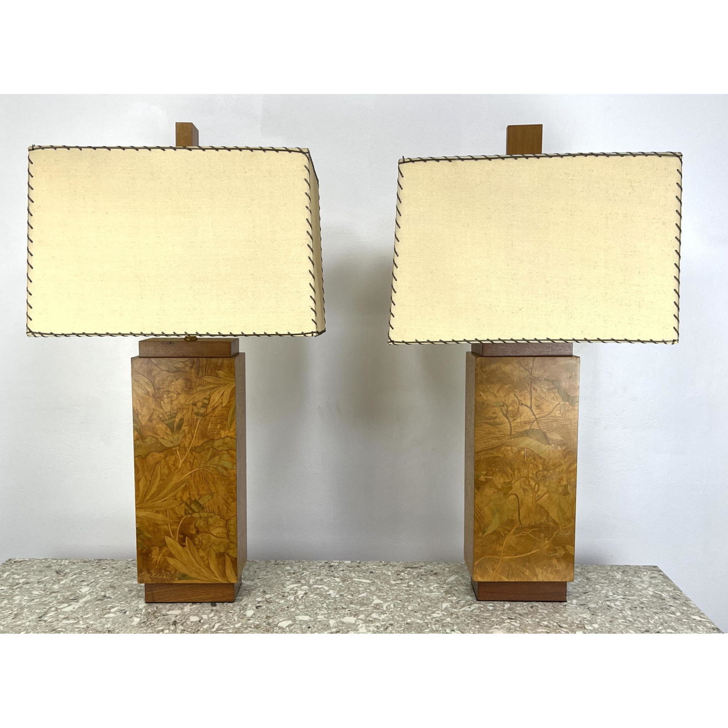 Appraisal: Pair Georges Mathias Table Lamps Inlaid Burl wood With Original