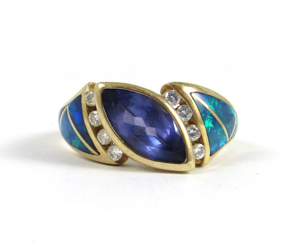 Appraisal: HANDCRAFTED TANZANITE DIAMOND OPAL AND FOURTEEN KARAT GOLD RING Kabana