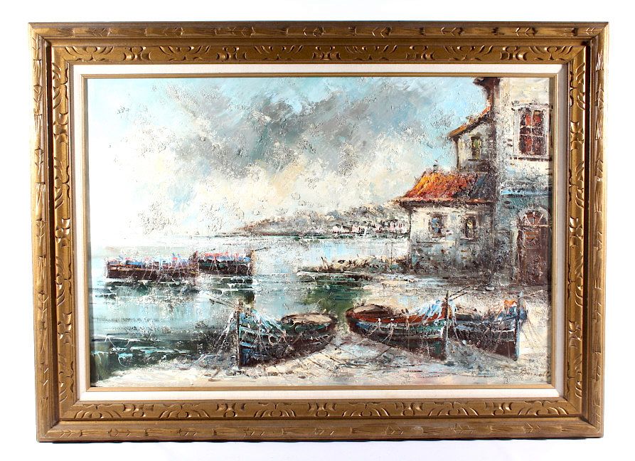 Appraisal: Burnett Impasto on Canva Painting - Harbor Scene For bidding