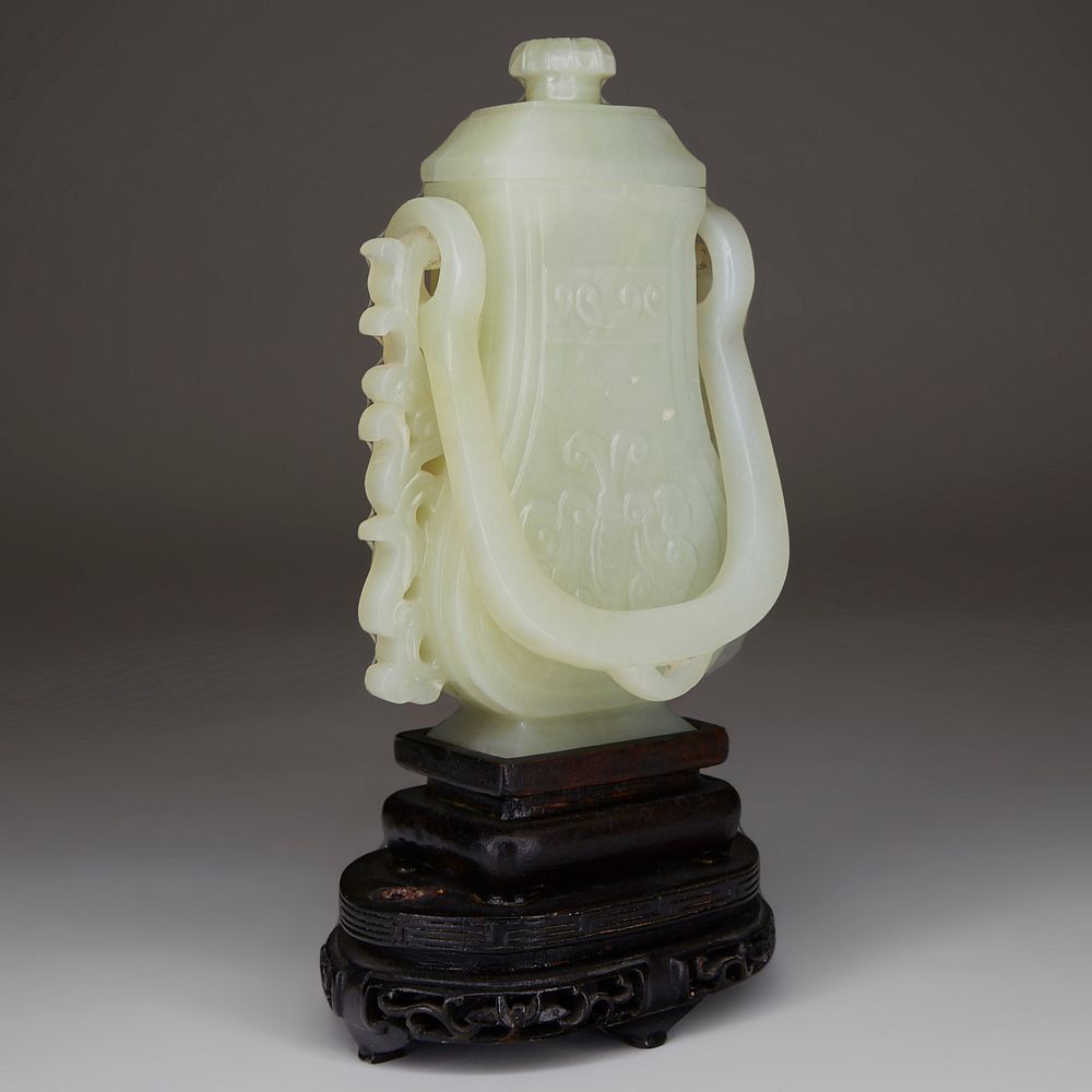 Appraisal: Chinese Carved Jade Lidded Vase w Stand A lovely Chinese