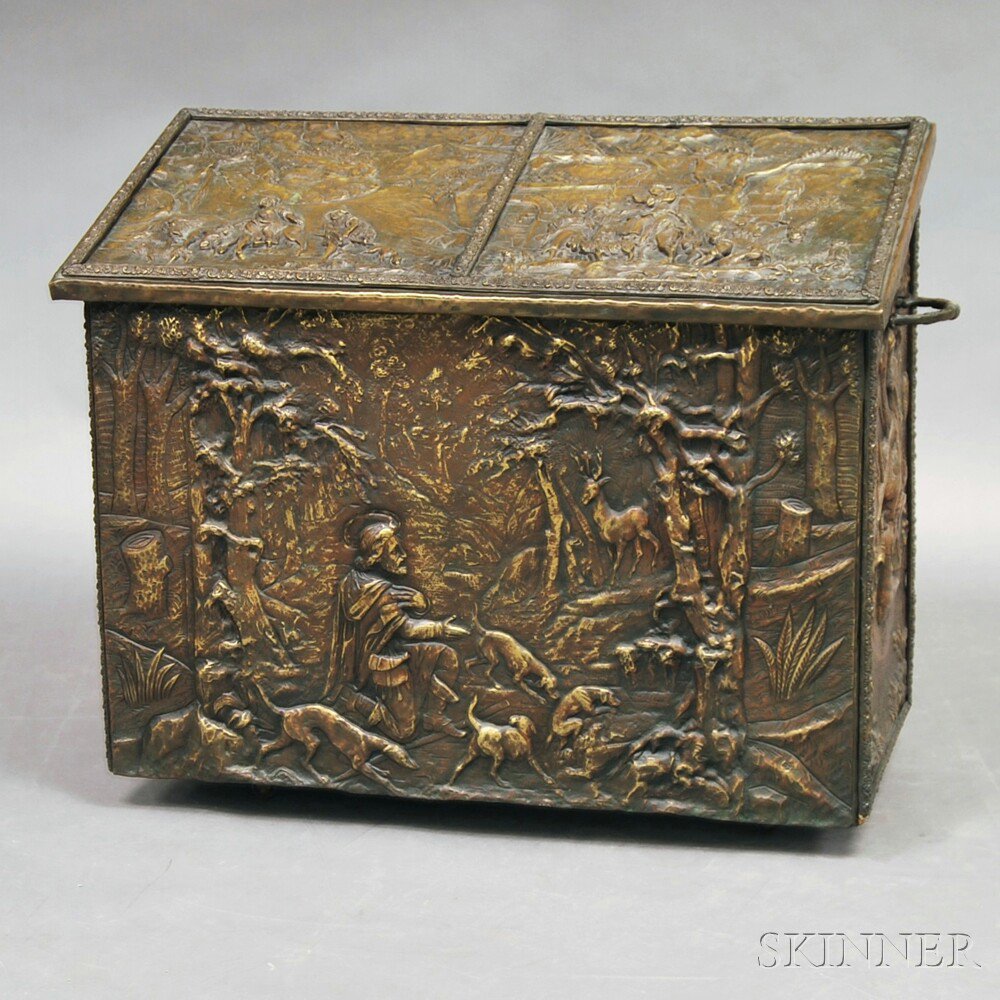 Appraisal: Embossed Brass-clad Wood Bin the slant-lid with two panels over