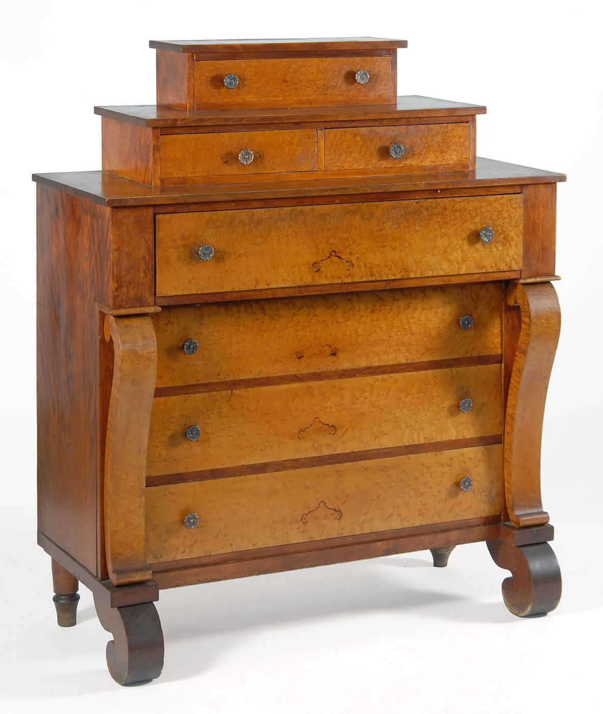 Appraisal: ANTIQUE AMERICAN EMPIRE SEVEN-DRAWER BUREAU th CenturyIn maple with bird's-eye