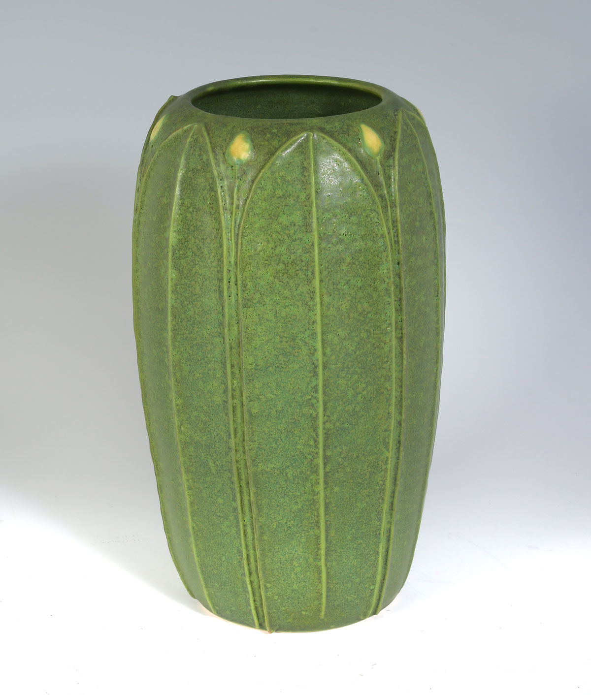 Appraisal: ARTS CLAY CO POTTERY GREEN VASE Leaf form body with