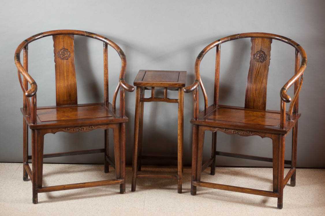 Appraisal: PAIR OF CHINESE MING STYLE HUALI ARMCHAIRS AND SIDE TABLE