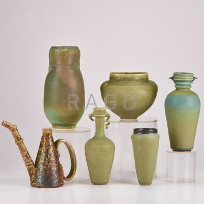 Appraisal: MARIAN PRITCHARD Five vases in matte moss green glaze together