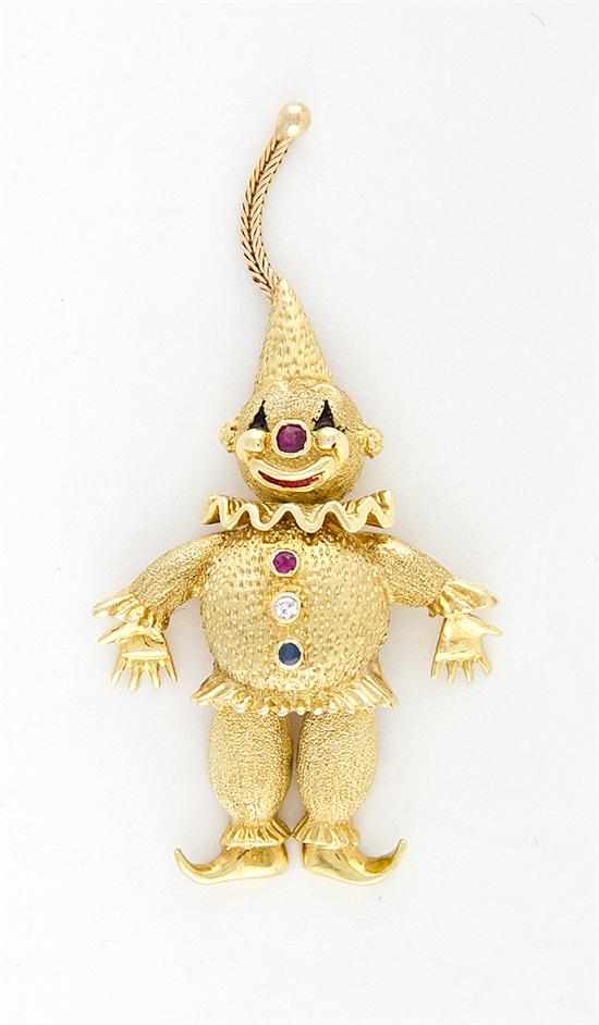 Appraisal: Whimsical gem-set gold clown brooch Salsky K yellow gold articulated