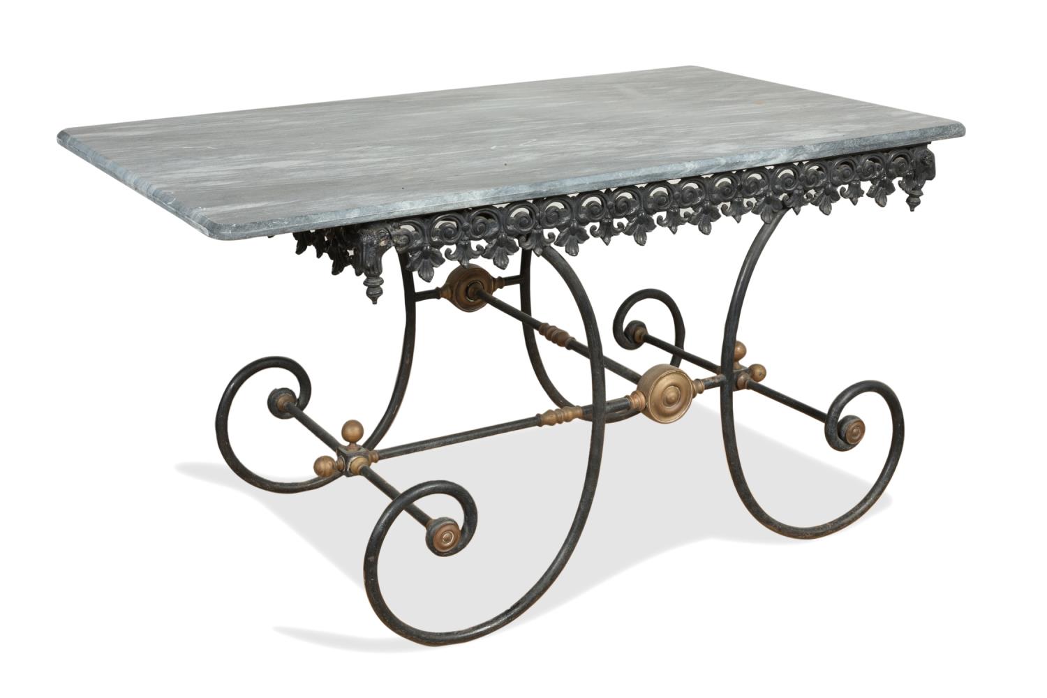 Appraisal: FRENCH MARBLE AND WROUGHT IRON PASTRY TABLE French pastry table