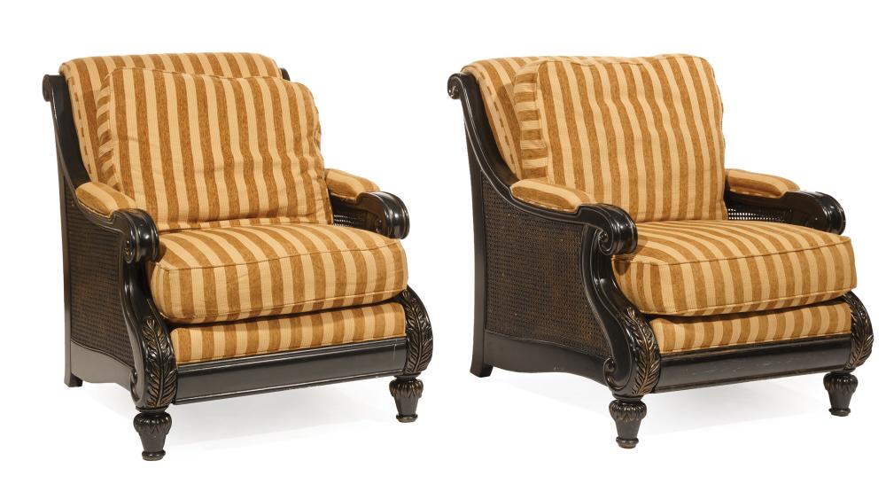 Appraisal: Pair of Black Painted and Caned Armchairs by Hancock Moore