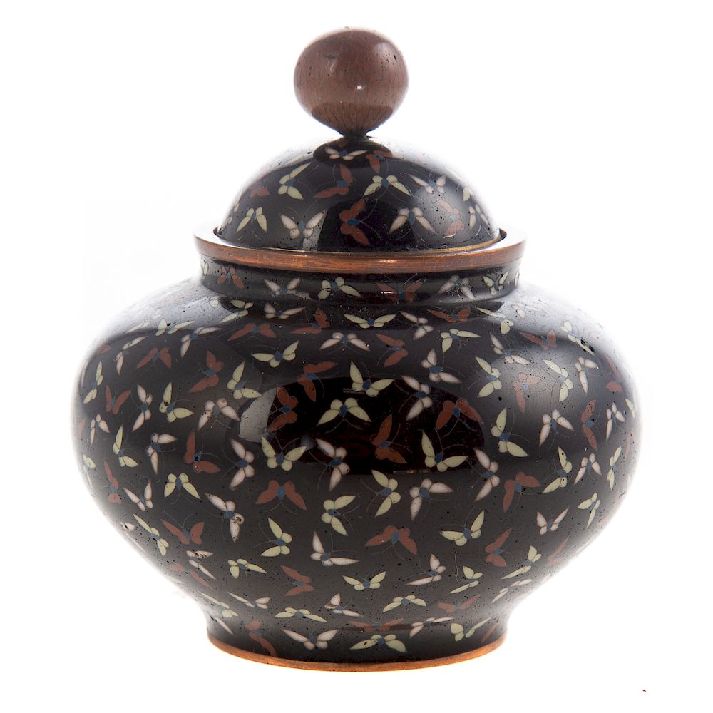 Appraisal: Japanese Cloisonne Enamel Covered Jar early th century black ground