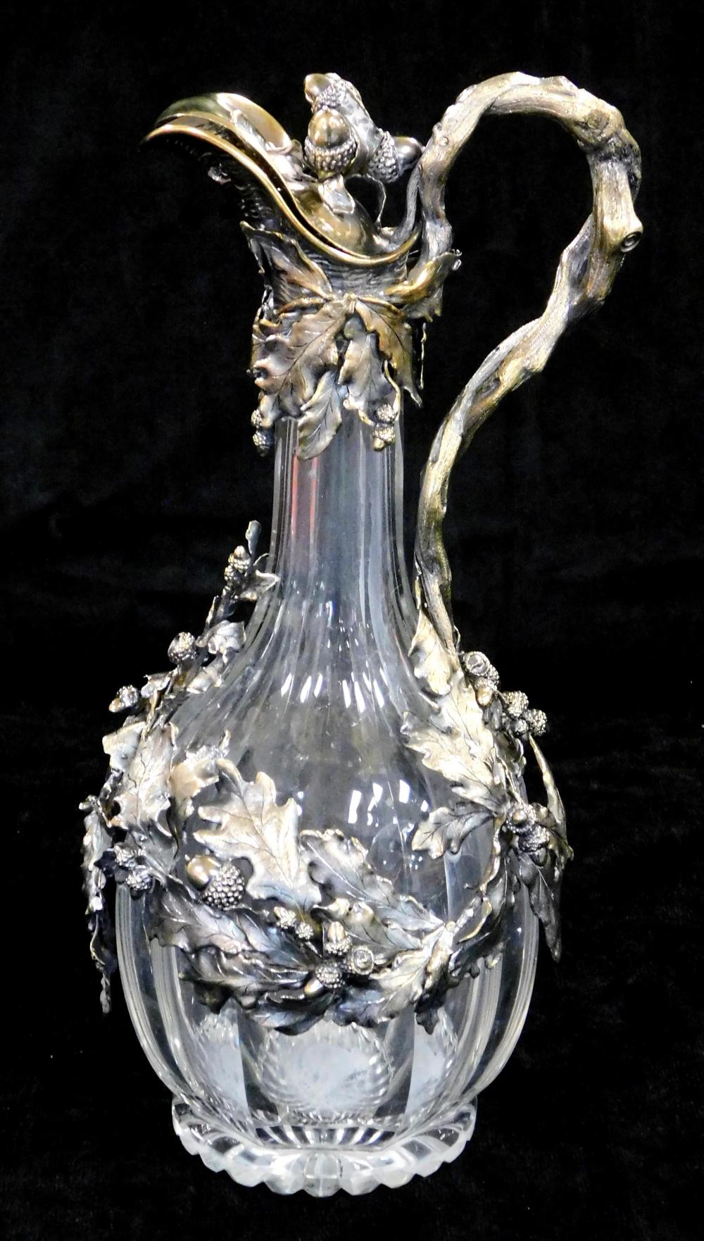 Appraisal: STERLING English sterling and glass wine ewer London leaf branch