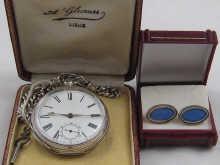 Appraisal: A silver open pocket watch on a silver Albert chain