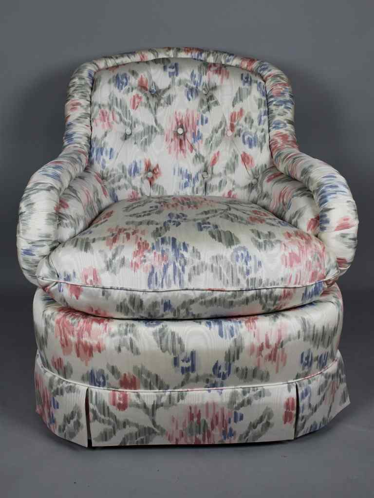 Appraisal: BAKER FLORAL SILK TAFFETA UPHOLSTERED EASY CHAIR pink blue grey