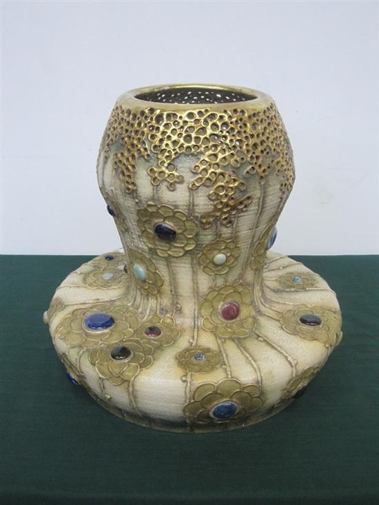 Appraisal: AMPHORA AUSTRIA VASE Beige with gilt and polychrome flower roundels