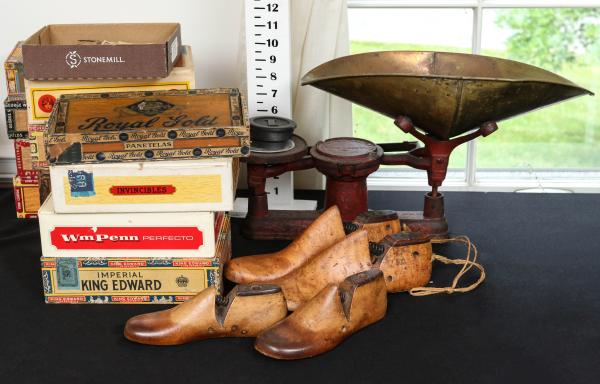 Appraisal: ANTIQUE SHOE LASTS CIGAR BOXES ANTIQUE SCALEPlus some paper advertising