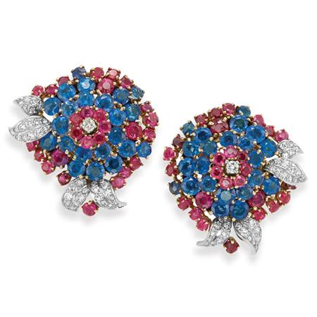 Appraisal: Pair of Sapphire Ruby and Diamond Earclips John Rubel Estimate