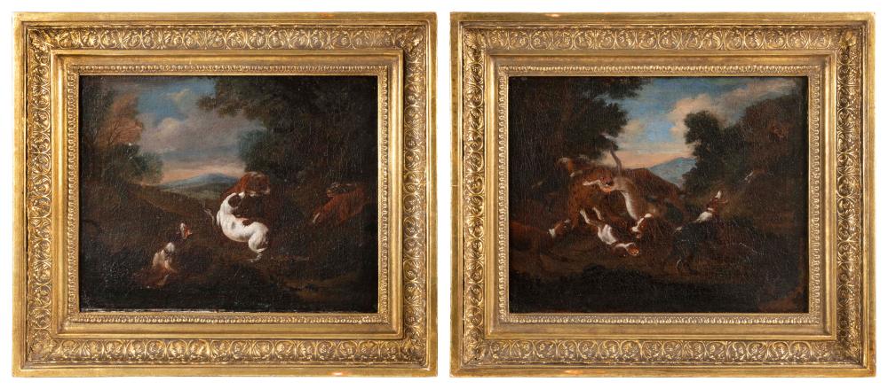 Appraisal: CONTINENTAL SCHOOL TH CENTURY PAIR OF ANIMAL FIGHTING SCENES OILS