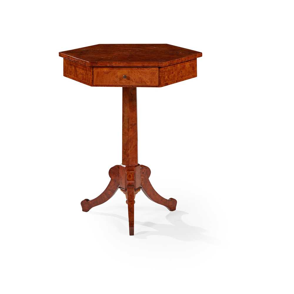 Appraisal: REGENCY YEW WOOD HEXAGONAL TRIPOD TABLE EARLY TH CENTURY the