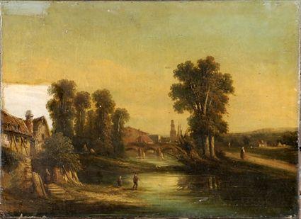 Appraisal: Continental School th C Landscape with Village and Figures Oil