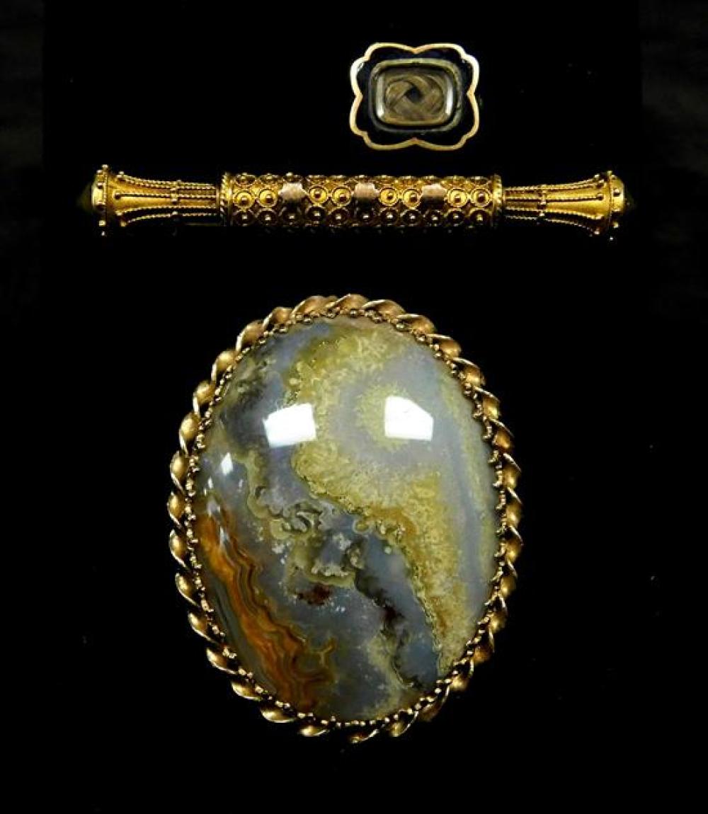 Appraisal: JEWELRY Three K gold pins including tested gold agate pin