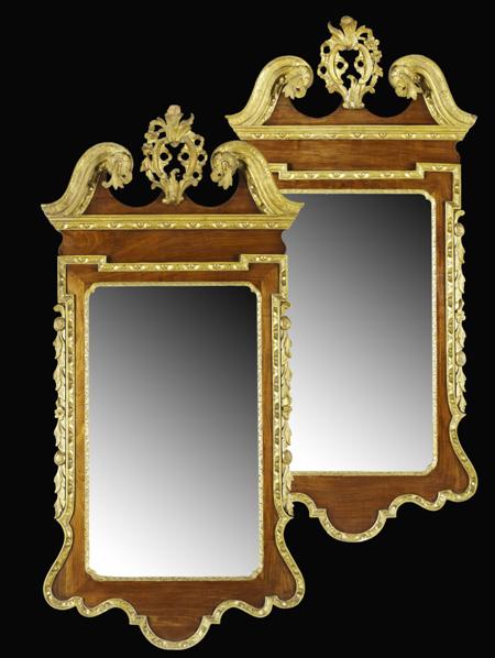 Appraisal: PAIR OF GEORGE II WALNUT AND PARCEL GILT WALL MIRRORS