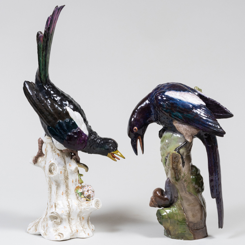 Appraisal: Two Similar German Porcelain Figures of Magpies One with blue