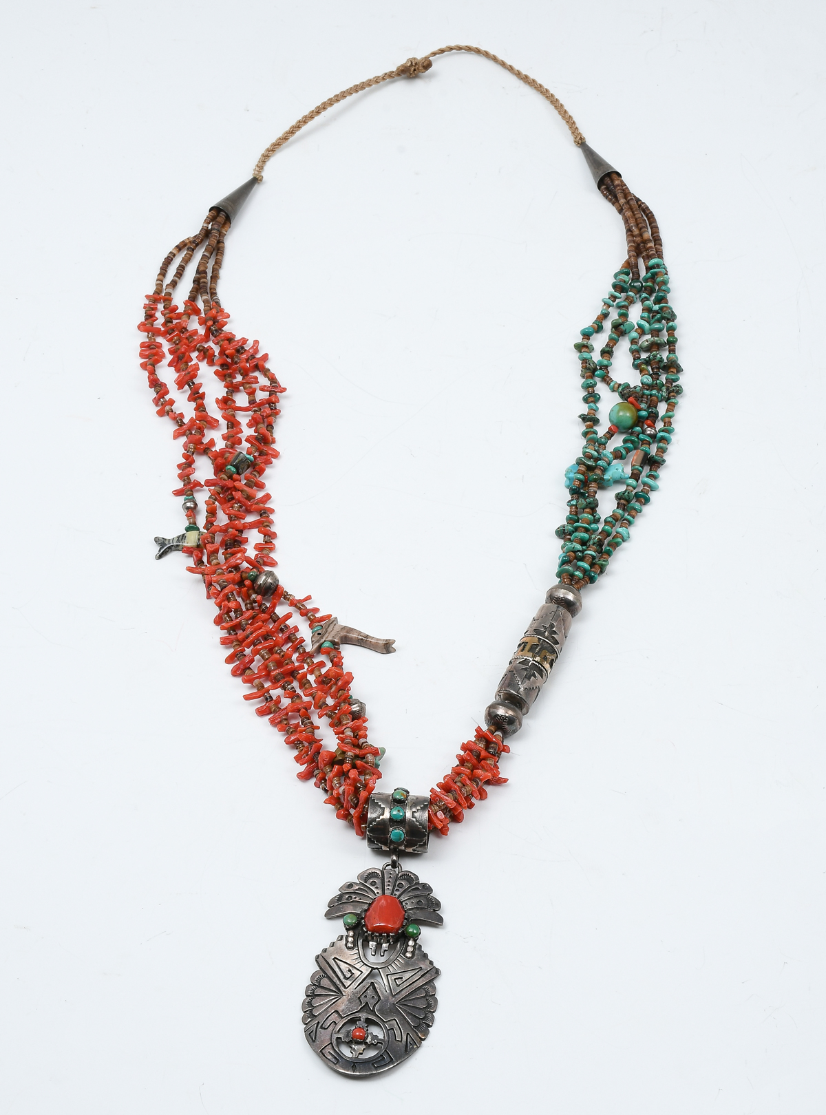 Appraisal: NATIVE AMERICAN ALCOTT STERLING TURQUOISE CORAL NECKLACE Beautifully detailed vintage