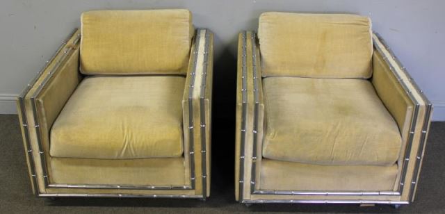 Appraisal: Pair of Midcentury Upholstered Club Chairs With chrome faux bamboo