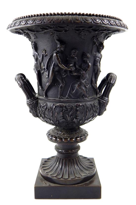 Appraisal: th C cast metal double-handled garden urn beaded and flared