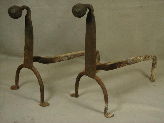 Appraisal: Pr early wrought iron goose neck andirons h Estimate -