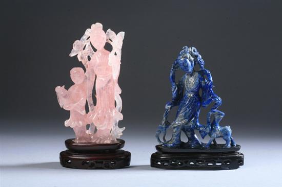 Appraisal: CHINESE ROSE QUARTZ FIGURAL GROUP Together with lapis lazuli figural