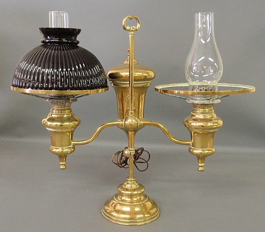 Appraisal: - Brass student lamp converted to electricity lacking one shade