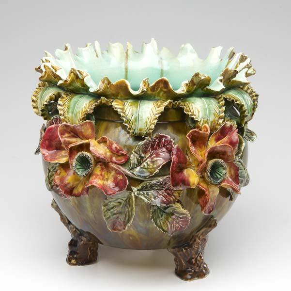 Appraisal: ENGLISH MAJOLICA JARDINIERE With tin glaze and applied flowers ca