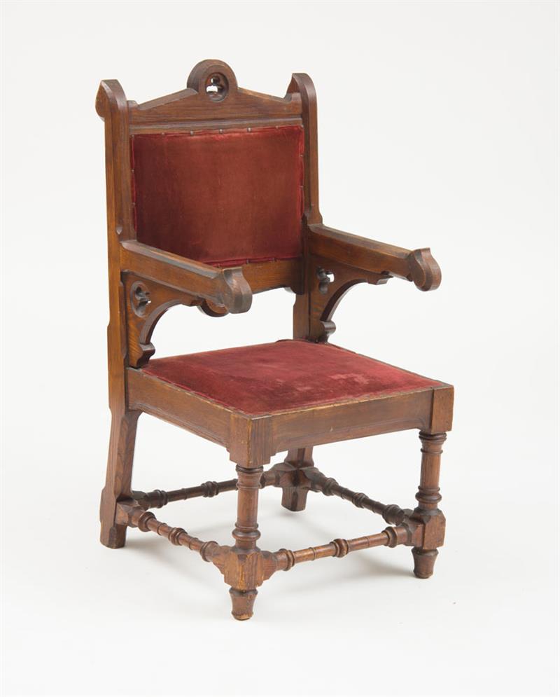 Appraisal: GOTHIC CARVED CHESTNUT ARMCHAIR Circa x x in Estimate -