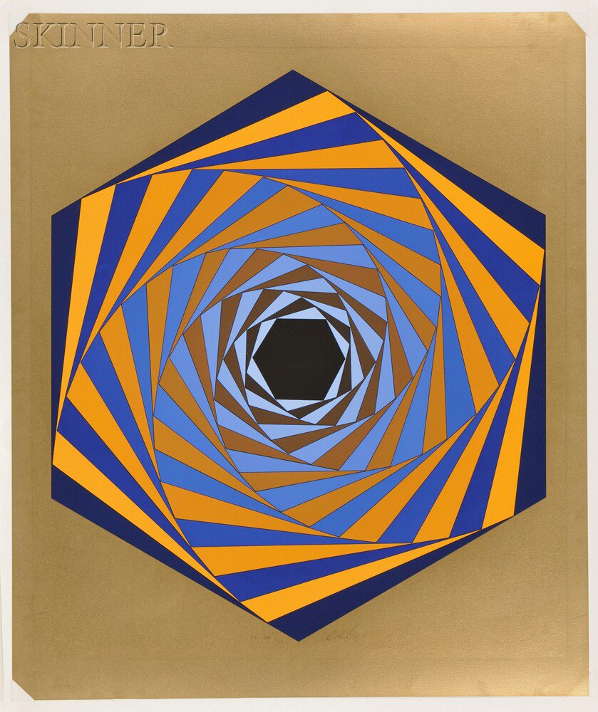 Appraisal: Victor Vasarely Hungarian French - Untitled Blue and Gold Hexagon